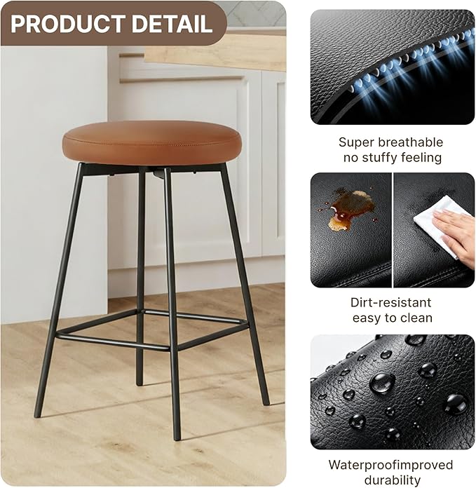 Swivel Bar Stools Set of 3, 24" Counter Height Bar Stool, Backless Barstools with Faux Leather Upholstered Seat&Sturdy Wood Legs for Kitchen Island, Brown