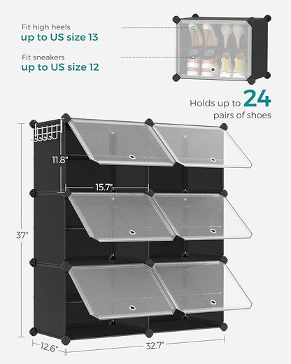 SONGMICS Shoe Rack Organizer, 6-Tier Shoe Storage Cabinet for Closet and Entryway, Holds 24 Pairs of Shoes, Adjustable, Ink Black and Trasparent ULPC033B01