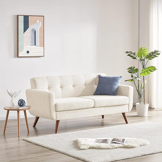 Tbfit Loveseat Sofa, 65" W Mid Century Modern Love Seat Couches for Living Room, Button Tufted Upholstered Small Sofa Couch for Bedroom, Beige