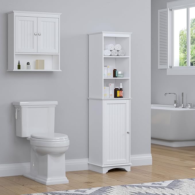 Spirich Home Freestanding Storage Cabinet with Three Tier Shelves, Tall Slim Cabinet, Free Standing Linen Tower, White