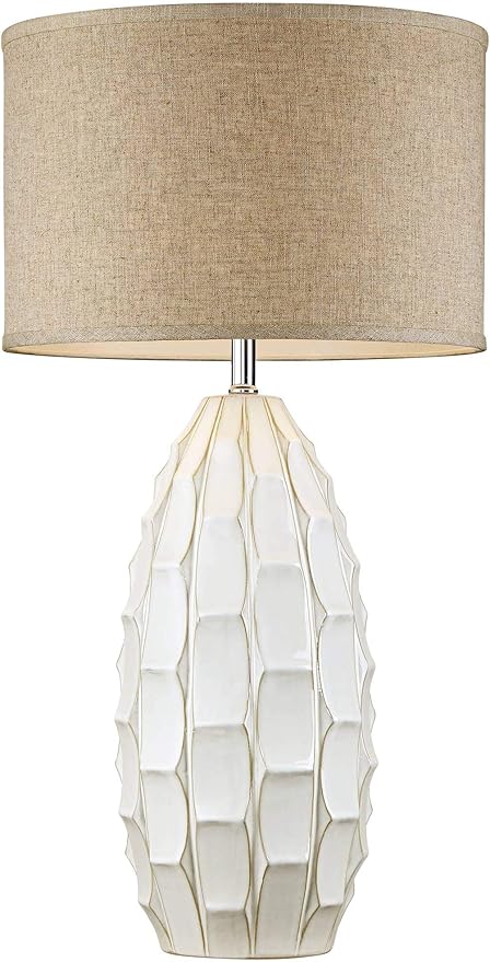 Possini Euro Design Cosgrove Mid Century Modern Coastal 3-Way Table Lamp with Table Top Dimmer 32.75" Tall White Glazed Ceramic Beige Fabric Drum Shade for Living Room Bedroom House (Colors May