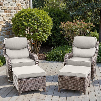 Swivel Patio Chairs sofa Set with 6" Thick Cushion - Wicker Outdoor Swivel Rocker Patio Chair with Side Table, High Back Comfortable Outdoor Glider Chairs - Brown Wicker | Beige Cushions | 4pcs