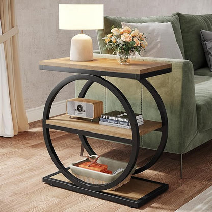 Tribesigns Side End Table with 3 Storage Shelves Set of 2, Industrial Sofa Table with Round Metal Frame for Living Room, Engineered Wood Nightstand for Bedroom, Oak