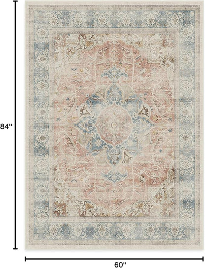 RUGGABLE Washable Vintage Area Rug – Sarrah Coral 5x7, Stain-Resistant, Non-Slip – Medium Machine Washable Rugs for Living Room, Bedroom, Hallway, Entryway & Office–with Standard Pad
