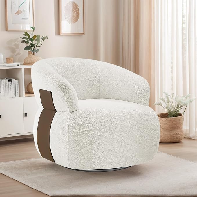 Swivel Barrel Accent Chairs-Modern Round Club Arm Chair Upholstered Living Room Armchair, Single Sofa Seating Bedroom Side Reading Seat for Living Roon Office (White,1 Pack)