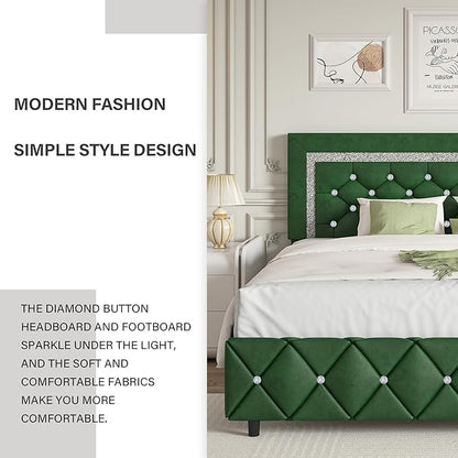 BarnFurin Full Size Bed Frame with Headboard, Faux Leather Upholstered Bed with Diamond Tufted Design, Mordern Bed Frame with Wooden Slats Suppor, No Box Spring Required, Easy Assembly, Green