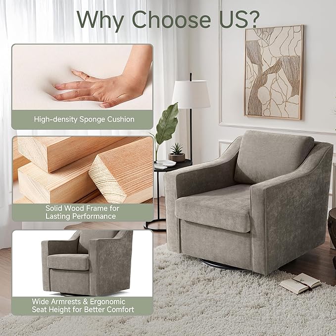 UIXE Swivel Accent Chair, Chenille Fabric Upholstered Arm Chair for Living Room, Modern Club Armchair Comfy Single Sofa Bedroom Reading Seat with Lumbar Pillow - Sand