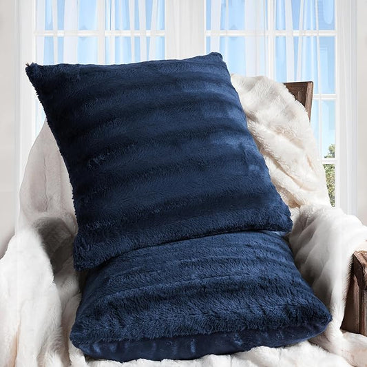 Cheer Collection Faux Fur Throw Pillows - Decorative Pillows for Couch, Bed Throw Pillows, Blue Accent Pillows for Bedroom or Living Room Aesthetic, Set of 2 Furry Throw Pillows, 16" x 16"