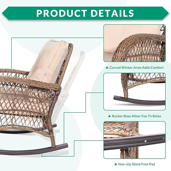 VIVIJASON 7-Piece Outdoor Patio Wicker Conversation Sets, All Weather Outdoor Rattan Furniture Set Includes Glider Loveseat, 2 Rocking Chairs, 2 Glider Rocker Chairs, 2 Coffee Table, Light Brown