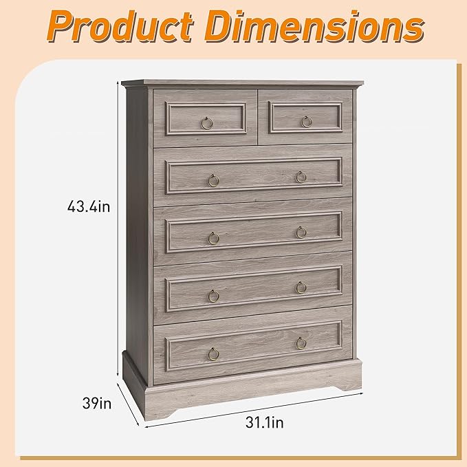 Maupvit 6 Drawers Dresser, Vintage Design Wood Rustic Chest of Drawers with Natural Texture, Sturdy & Durable Farmhouse Dresser, Ideal Storage Dressers for Living Room