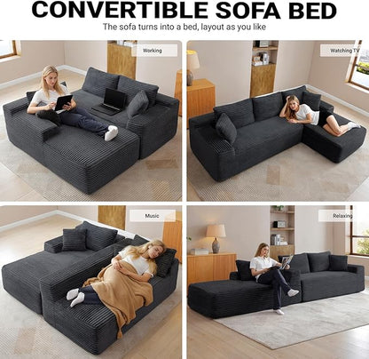 108 Inch Cloud Sectional Couch,Modern Modular Sectional Sofa with Deep Seat,Corduroy Boneless Couches with L-Shape Chaise for Living Room,No Assembly Required (Black, Right Facing Chaise + Ottoman)