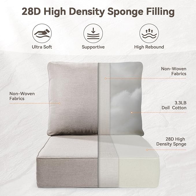 Luxury 6" Outdoor Cushions for Patio Furniture, 24x24x6" Thick Seat Cushion Set of 8, Fade Resistant Couch Chair Replacement Cushions High Density Deep Wicker Chair Cushion w/ Removable Cover, Beige