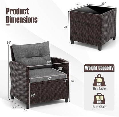 Tangkula 3 Pieces Patio Furniture Set, PE Rattan Wicker 3 Pcs Outdoor Sofa Set w/Washable Cushion and Tempered Glass Tabletop, Conversation Furniture for Garden Poolside Balcony (Grey)