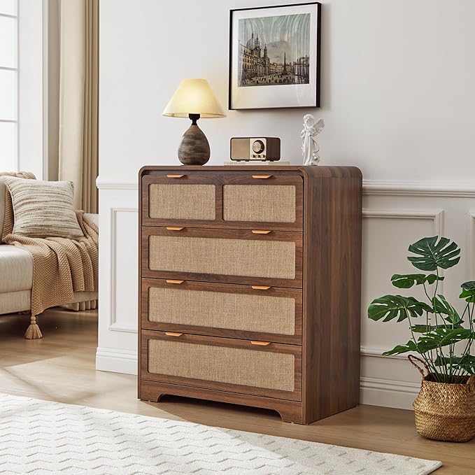 Mid Century Modern Dresser for Bedroom with 4 Drawers, 35" Tall Chest of Drawers with Natural Linen, Curved Wood Dresser Closet Clothes Storage Organizer for Living Room, Hallway((Walnut)