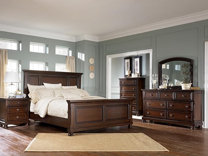 Signature Design by Ashley Porter Traditional Queen Panel Bed, Hand-Finished, Foundation or Box Spring Needed, Wood, 67.81" W x 88.25" D x 60.25" H, Dark Brown