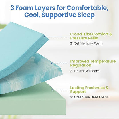 Yaheetech 12 Inch Full Size Mattress 3 Foam Layer Cooling Gel Memory Foam Mattresses, Green Tea for Fresher Sleep, Medium Firm, CertiPUR-US Certified, No Fiberglass, Full Mattress in a Box