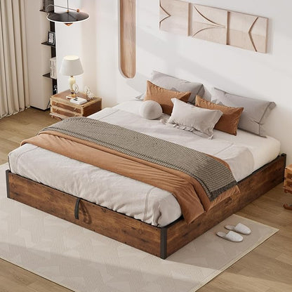 Lift Up Storage Bed Frame, King Size Wooden Platform Bed with Large Storage Underneath, No Box Spring Needed, Noise Free, Rustic Brown