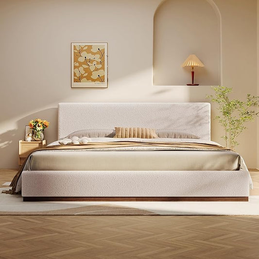 Christopher Knight Home Bettine Boucle Queen Size Bed, Boucle Headboard and Footboard, Rectangular Queen Size Headboard, Slat Panel Support Platform Bed, No Spring Box Needed, Easy Assembly, White