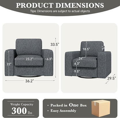 360 Degree Rotation Swivel Accent Sofa Chairs Set of 2, 36'' Width Oversized Armchairs Linen Living Room, Reading-Dark Gray
