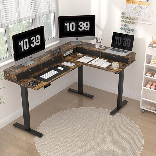 SANODESK L Shaped Standing Desk with 3 Drawers, Height Adjustable Stand up Desk, Corner Gaming Desk with Monitor Stand (Rustic Brown, 63"x47")