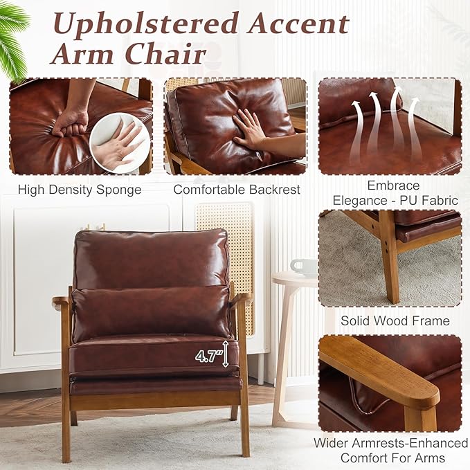 VINGLI Solid Wood Wide Armrests Accent Chair Set of 2,Upholstered Mid Century Modern Chair with Pillow,Farmhouse Arm Chair Comfy Reading Chair,Chairs Living Room,Bedroom,Guest Room,PU Leather,Brown