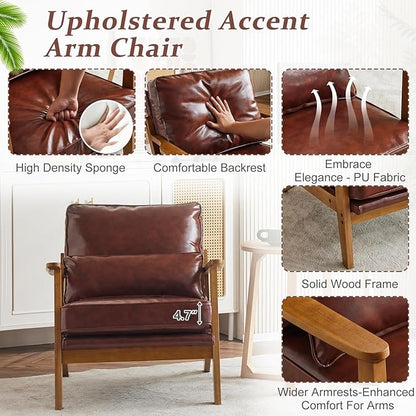 VINGLI Solid Wood Wide Armrests Accent Chair Set of 2,Upholstered Mid Century Modern Chair with Pillow,Farmhouse Arm Chair Comfy Reading Chair,Chairs Living Room,Bedroom,Guest Room,PU Leather,Brown