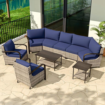 COOS BAY Aurora Terrace Half-Moon Outdoor Furniture Set, Rattan Conversation Set with Patio Chairs, Curved 5-Seat Sofa, Coffee Table & Side Table, Seats 7, Beige/Blue