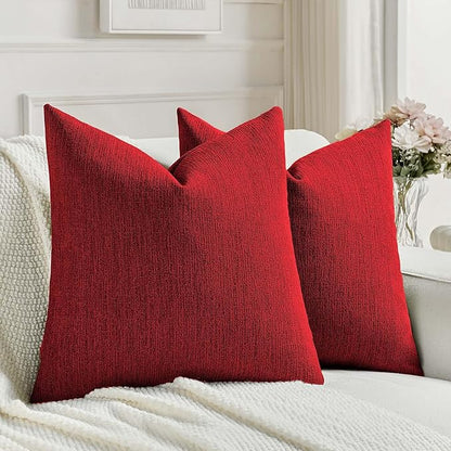 FUTEI Christmas Red Chenille Decorative Throw Pillow Covers 22x22 Inch Set of 2,Soft Cozy Faux Linen Textured Cushion Case,Farmhouse Home Decor for Couch Living Room