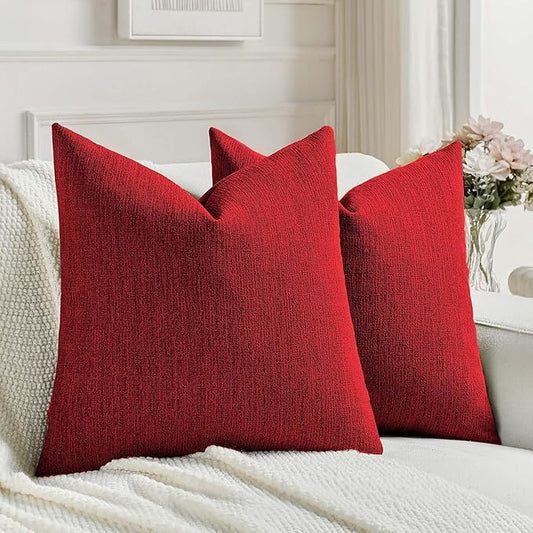 FUTEI Christmas Red Chenille Decorative Throw Pillow Covers 22x22 Inch Set of 2,Soft Cozy Faux Linen Textured Cushion Case,Farmhouse Home Decor for Couch Living Room