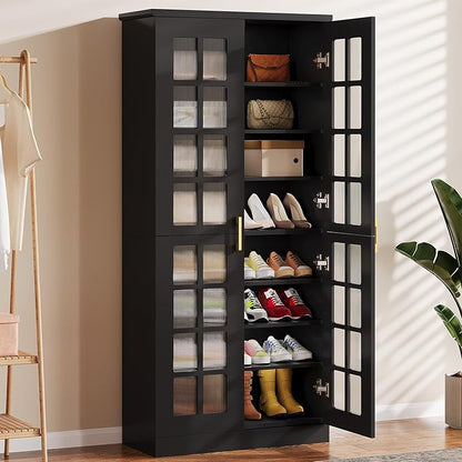 Tribesigns 70-Inch Tall Shoe Cabinet with Doors, 8-Tier Shoe Storage Cabinet with Adjustable Shelves, Modern Shoe Organizer Shoe Rack Cabinet for Entryway, Hallway, Closet, Living Room, Black and Gold
