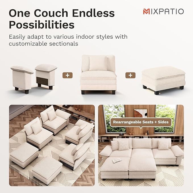 123-Inch U Shaped Sectional Sofa with Cloud Cushions, Deep Seat Modular Couch Set w/ 5 Seats & 2 Ottomans, Plush Chenille & Corduroy Upholstery for Living Room, Apartment - Beige