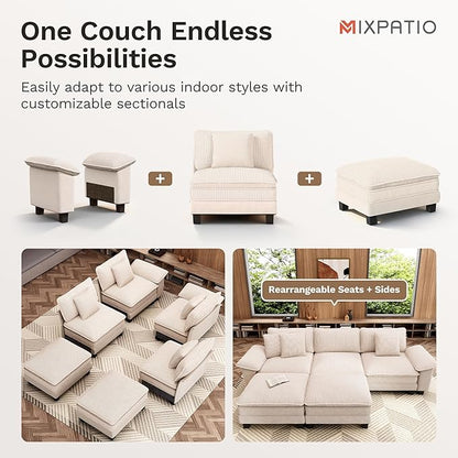 123-Inch L Shaped Sectional Sofa with Cloud Cushions, Deep Seat Modular Couch Set w/ 4 Seats & 1 Ottomans, Plush Chenille & Corduroy Upholstery for Living Room, Apartment - Beige