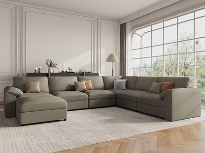 EASE MOOSE Faux Leather Sectional with Ottoman, Oversized Modular Couch, Modular Sectional Sofa with Deep Seat, Scratch Resistant Faux Leather Material, U Shaped Couch for Big Spaces, Light Grey
