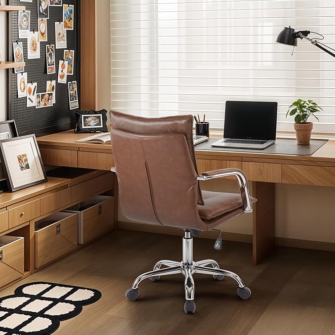 Mid-Back Ergonomic Leather Office Chair, Modern Upholstered Executive Desk Chair with Gold Frame Armrest Computer Task Chair (Brown &Silver Legs)