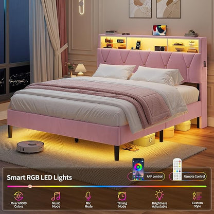 Queen Bed Frame with Storage Headboard,Power Outlet, Modern Velvet Upholstered Platform Bed LED Bed Frame with 5 Storage Shelves, No Box Spring Needed, Pink