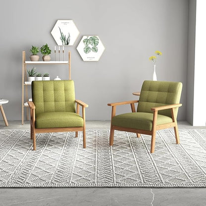 Westice Accent Chairs Set of 2, Mid-Century Living Room Chairs with Solid Wood Frame & Soft Thicken Cushion, Upholstered Arm Reading Chair for Bedroom, Balcony, Green Linen Fabric & Natural Legs