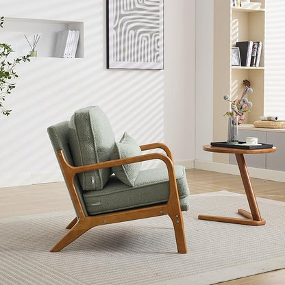 Mid-Century Accent Chair Set of 2,Sherpa Fabric Lounge Chair with Wide Armrest,Sherpa Fabric Armchair with Lumbar Pillow & Solid Wood Frame for Living Room, Bedroom, Balcony (Green)