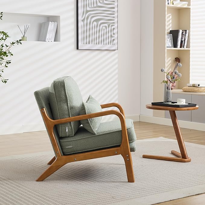 Mid-Century Accent Chair,Sherpa Fabric Lounge Chair with Wide Armrest,Sherpa Fabric Armchair with Lumbar Pillow & Solid Wood Frame for Living Room, Bedroom, Balcony (Green)