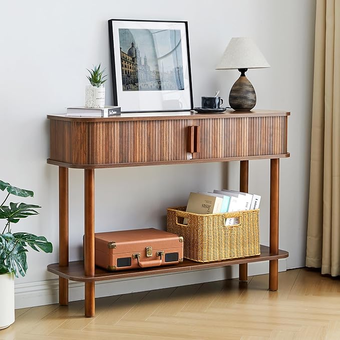 RARZOE Console Table with Storage, Fluted Entryway Table with Sliding Door&Open Shelf, Sofa Table Behind Couch, Mid-Century Modern Accent Table for Hallway, Entrance, Foyer, Fully Assembled(Walnut)