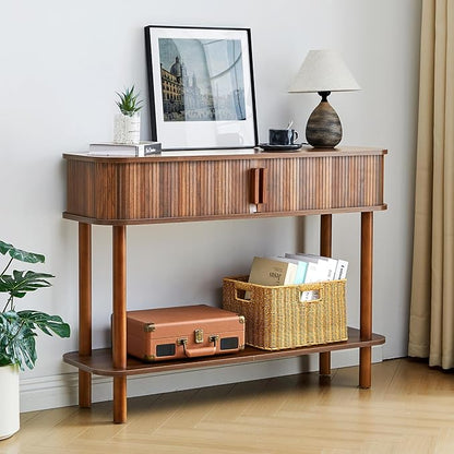RARZOE Console Table with Storage, Fluted Entryway Table with Sliding Door&Open Shelf, Sofa Table Behind Couch, Mid-Century Modern Accent Table for Hallway, Entrance, Foyer, Fully Assembled(Walnut)