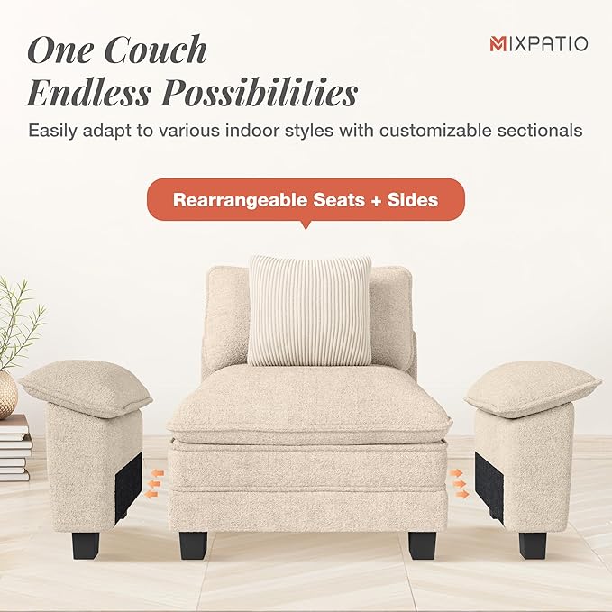 L-Shaped Cloud Modular Sofa Set, 4-Piece Double Loveseat Sectional w/Deep Seat & Removable Arms, Plush Chenille for Living Room - Beige