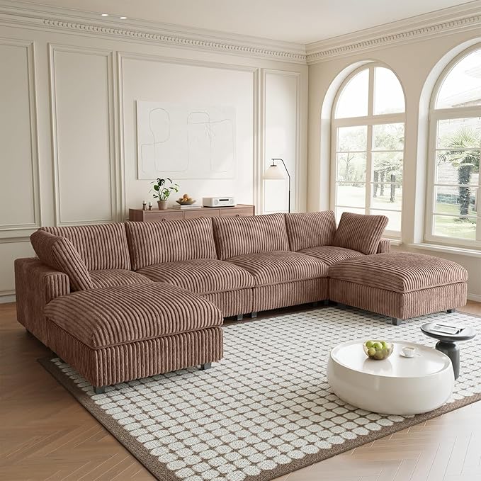 Modular Sectional Sofa, Convertible U Shaped Couch with Chaise Ottoman, Deep Seat Cloud Sectional Couch, 6 Seat Comfy Modular Sofa for Living Room, Office, Apartment, Brown