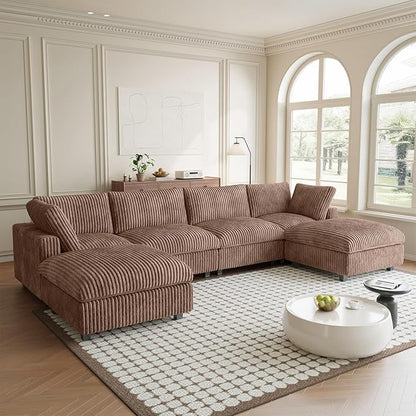 Modular Sectional Sofa, Convertible U Shaped Couch with Chaise Ottoman, Deep Seat Cloud Sectional Couch, 6 Seat Comfy Modular Sofa for Living Room, Office, Apartment, Brown