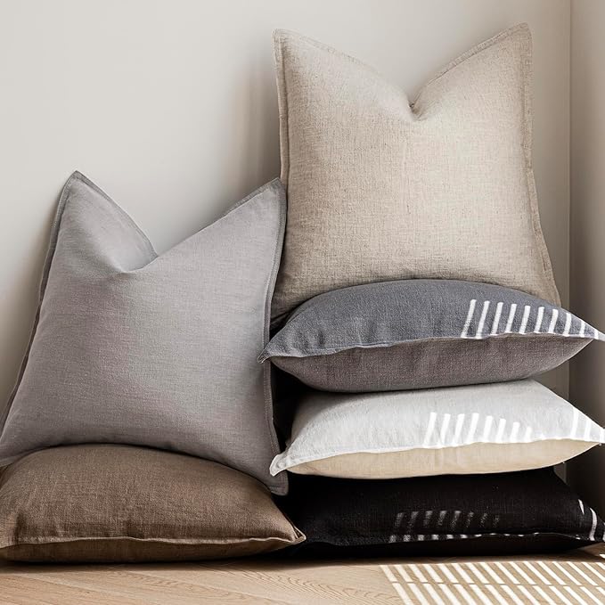 Foindtower Pack of 2, Decorative Linen Soild Throw Pillow Covers Soft Accent Cushion Case Boho Farmhouse Pillowcase for Chair Couch Sofa Bedroom Living Room Home Decor 24 x 24 Inch Light Rustic Gray