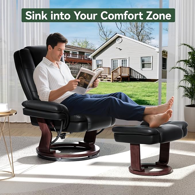 Swivel Recliner Chair with Ottoman, Adjustable PU Leather Recliner with Wood Base, Thick Padded Cushion, Modern Reclining Chair & Ottoman Set for Living Room, Bedroom, Office, Small Spaces (Black)