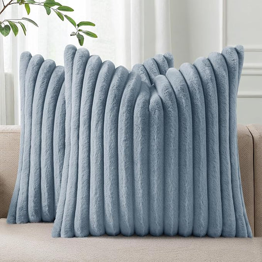 Pallene Faux Fur Plush Throw Pillow Covers 16x16 Set of 2, Luxury Soft Fluffy Striped Decorative Pillow Covers for Sofa, Couch, Living Room, Blue Grey