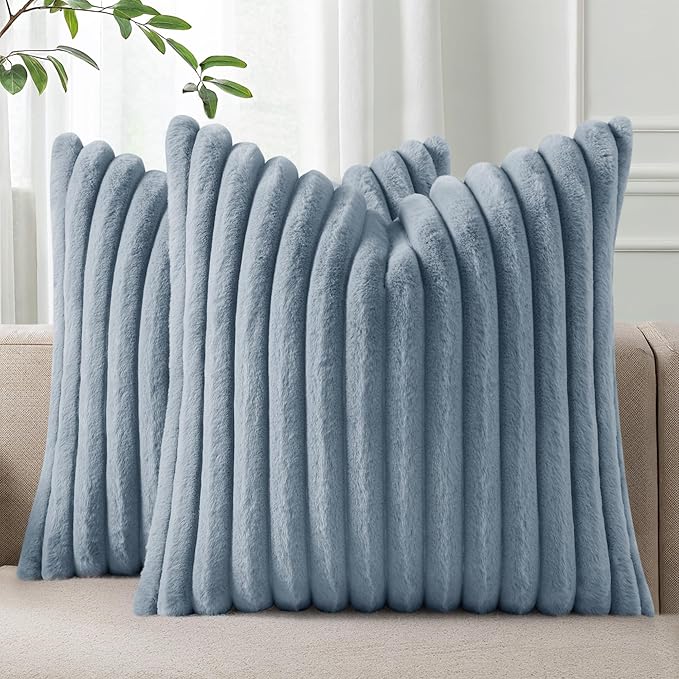 Pallene Faux Fur Plush Throw Pillow Covers 18x18 Set of 2, Luxury Soft Fluffy Striped Decorative Pillow Covers for Sofa, Couch, Living Room, Blue Grey