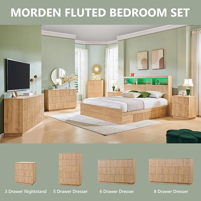 Fluted Dresser for Bedroom, 47" 6 Drawer Dressers, Wood Tall Dresser Storage Organizer, Modern Chest of Drawers with Deep Storage for Closet Hallway, Entryway, Living Room, Natural