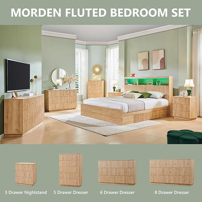 Fluted Dresser for Bedroom, 55" W 8 Drawer Dressers, Wood Tall Dresser Storage Organizer, Modern Bedroom Chest of Drawers with Deep Storage for Closet Hallway, Entryway, Living Room Natural