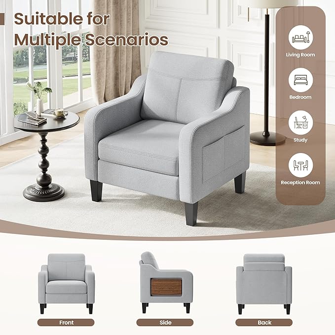 Accent Chair for Living Room Modern Linen Upholstered Armchair Side Wooden Fabric Sofa Chair with Foldable Table 2 Side Pockets Comfy Reading Chair for Bedroom